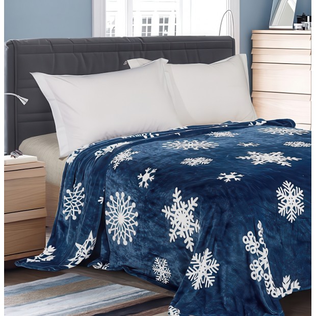 Плед Велсофт набивной - Снежинки на синем