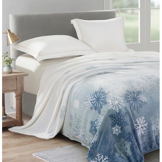 Плед Велсофт набивной - Снежинки на голубом